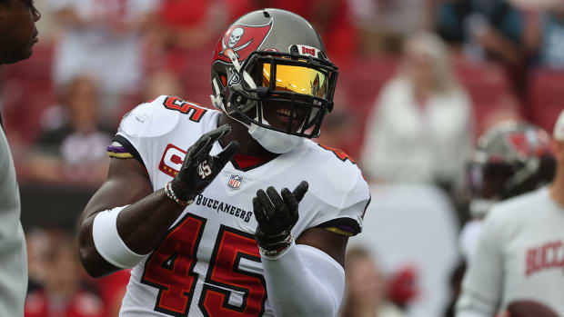 Buccaneers linebacker Devin White (45) smiles prior to the game against the Panthers at Raymond James Stadium.